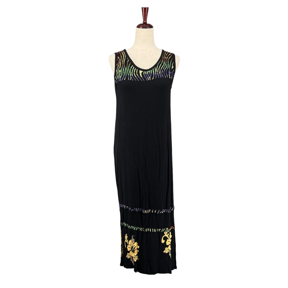 Vtg Marta Bay Rayon Crinkle Sleeveless Maxi Dress Womens Large Hibiscus Black